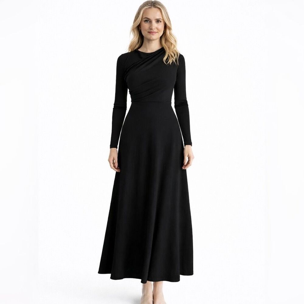 Halara Black Draped Long Sleeve Minimalist Maxi Dress A-Line Formal XS NWT
